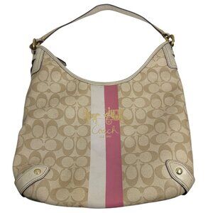 Coach Chelsea Signature Logo Stripe Heritage Pink/Beige Canvas Hobo Bag 13193